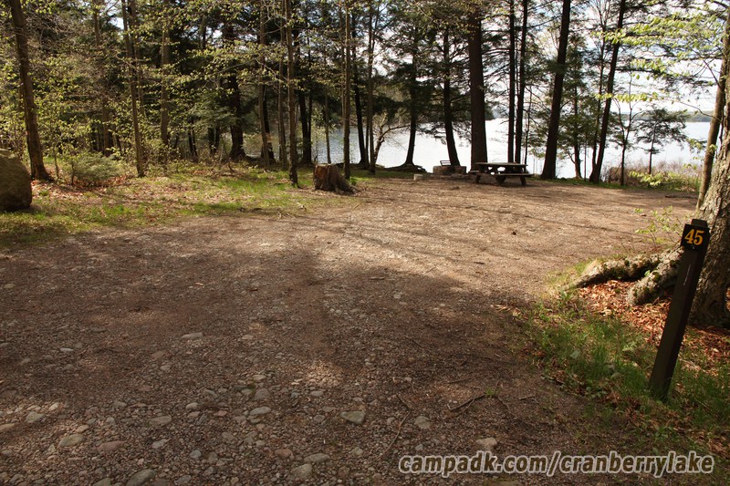 Campsite Photo of Site 45 at Cranberry Lake Campground, New York - Looking at Site from Road Sign Visible