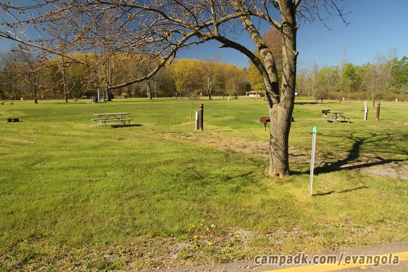 Campsite Photo of Site 6 at Evangola State Park, New York - Looking at Site from Road Sign Visible