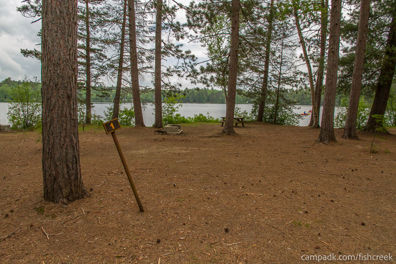 Campsite Photo of Site 1 at Fish Creek Pond Campground, New York - Looking at Site from Road Sign Visible