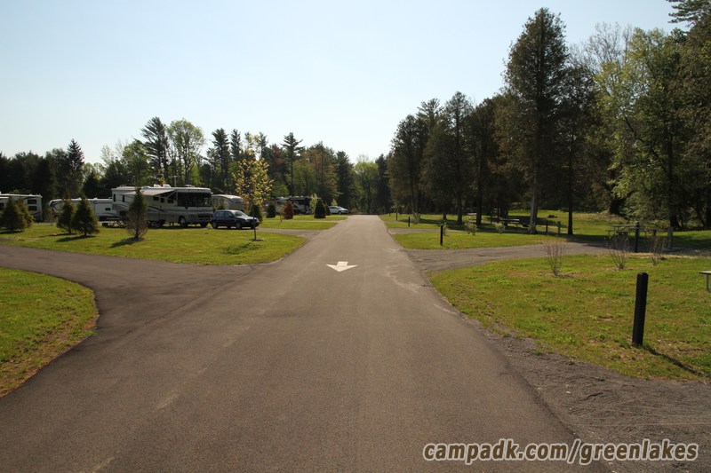 Campsite Photo of Site P29 at Green Lakes State Park, New York - View Down Road from Campsite