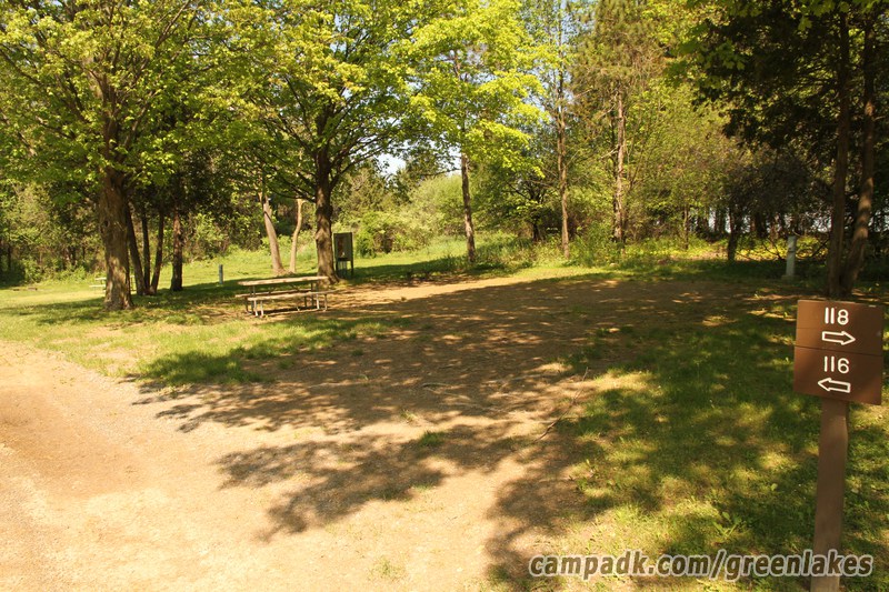 Campsite Photo of Site 116 at Green Lakes State Park, New York - Looking at Site from Road Sign Visible