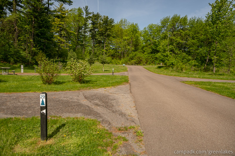 Campsite Photo of Site P29 at Green Lakes State Park, New York - View Down Road from Campsite