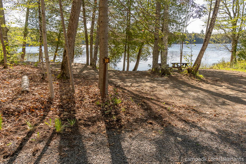 Campsite Photo of Site 39 at Lake Harris Campground, New York - Looking at Site from Road Sign Visible