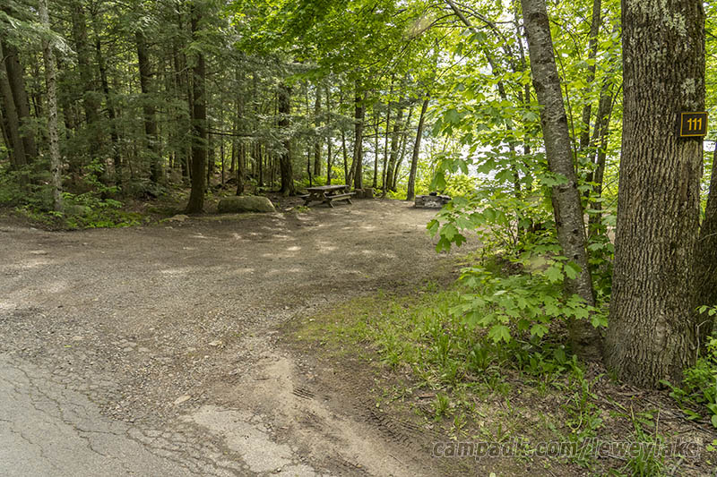 Campsite Photo of Site 111 at Lewey Lake Campground, New York - Looking at Site from Road Sign Visible