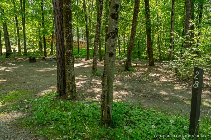 Campsite Photo of Site 28 at Moreau Lake State Park, New York - Looking at Site from Road Sign Visible
