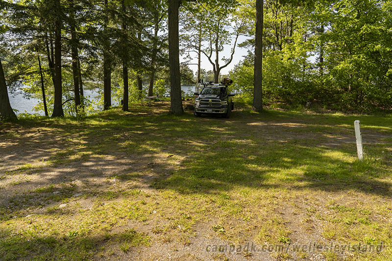 Campsite Photo of Site 77 at Wellesley Island State Park, New York - Looking at Site from Road Sign Visible