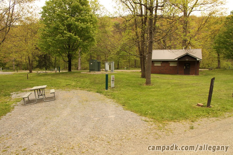 Campsite Photo of Site 34 at Allegany State Park, New York - Looking at Site from Road Sign Visible
