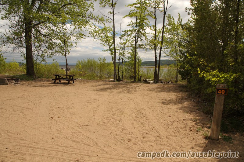 Campsite Photo of Site 40 at Ausable Point Campground, New York - Looking at Site from Road Sign Visible