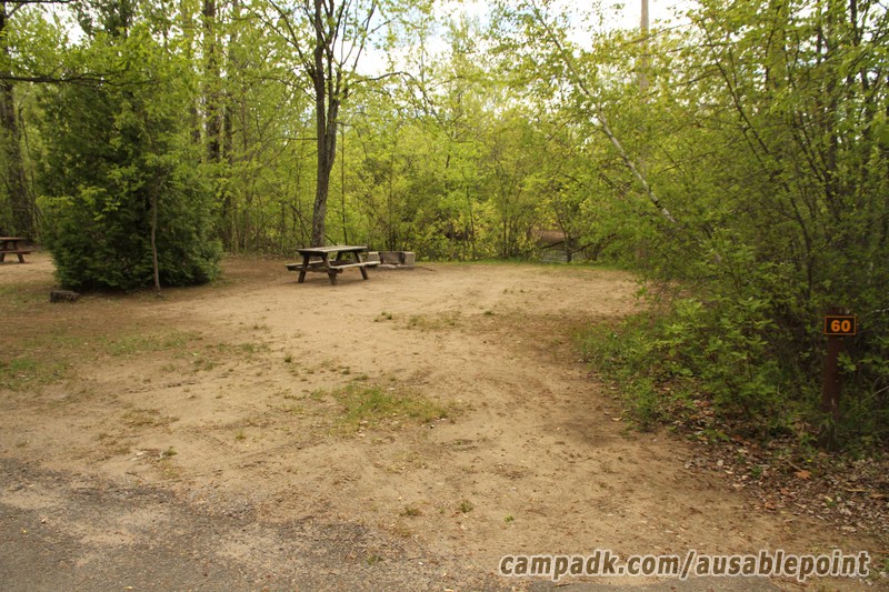 Campsite Photo of Site 60 at Ausable Point Campground, New York - Looking at Site from Road Sign Visible