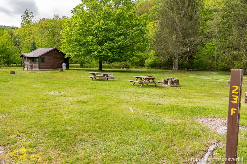 Campsite Photo of Site 23F at Beaverkill Campground, New York - Looking at Site from Road Sign Visible