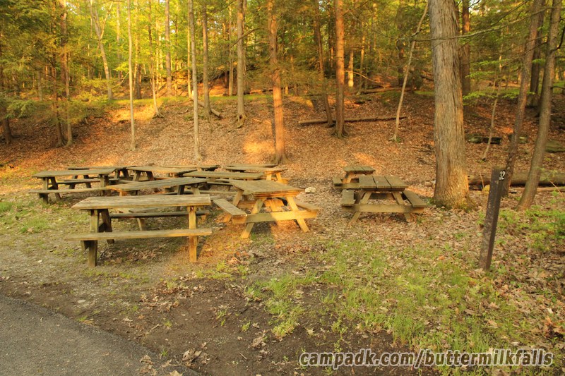 Campsite Photo of Site 32 at Buttermilk Falls State Park, New York - Looking at Site from Road Sign Visible