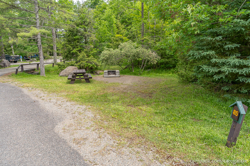 Campsite Photo of Site 85 at Caroga Lake Campground, New York - Looking at Site from Road Sign Visible