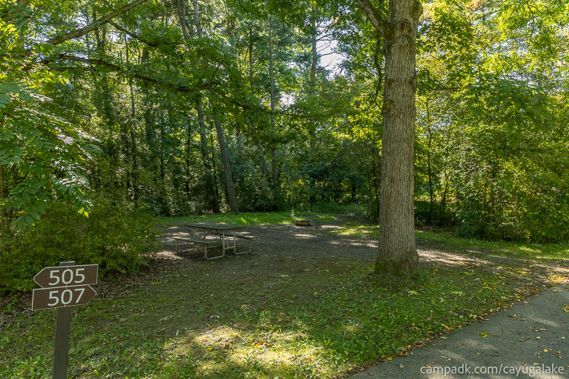 Campsite Photo of Site 507 at Cayuga Lake State Park, New York - Looking at Site from Road Sign Visible