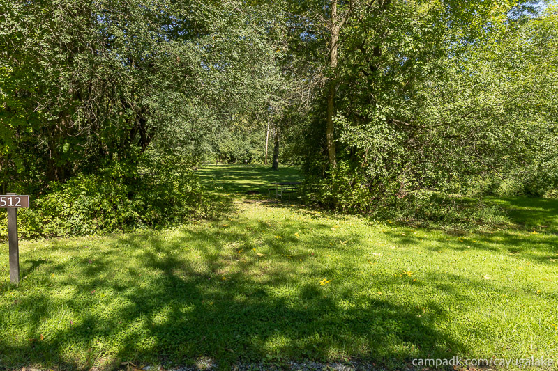Campsite Photo of Site 512 at Cayuga Lake State Park, New York - Looking at Site from Road Sign Visible