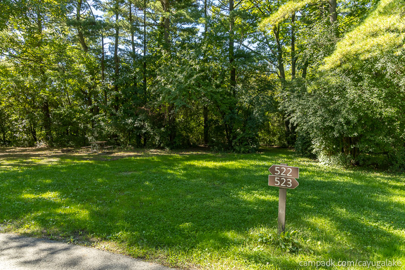 Campsite Photo of Site 522 at Cayuga Lake State Park, New York - Looking at Site from Road Sign Visible