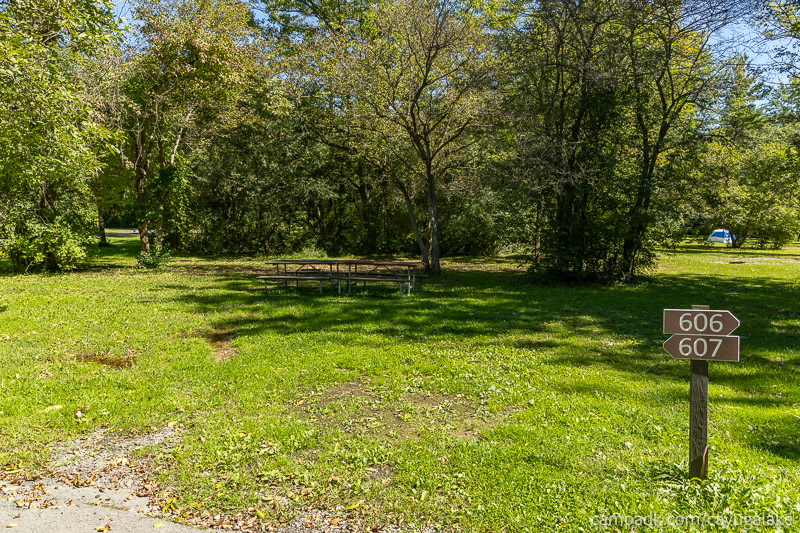 Campsite Photo of Site 607 at Cayuga Lake State Park, New York - Looking at Site from Road Sign Visible