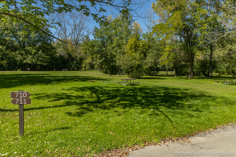 Campsite Photo of Site 710 at Cayuga Lake State Park, New York - Looking at Site from Road Sign Visible