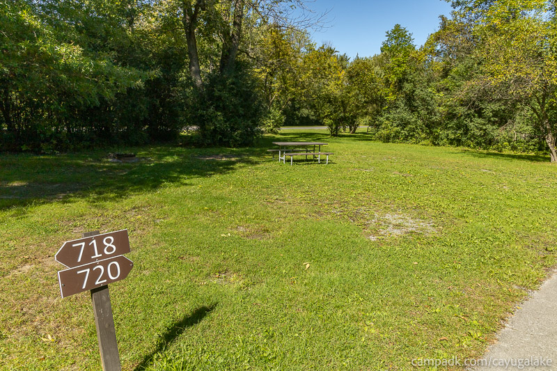 Campsite Photo of Site 720 at Cayuga Lake State Park, New York - Looking at Site from Road Sign Visible