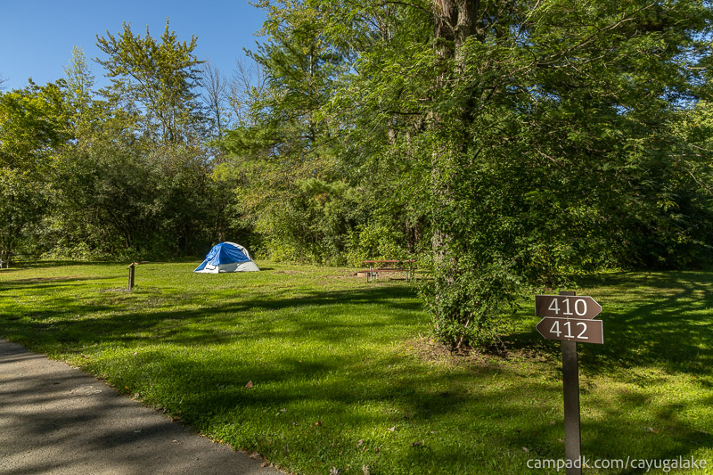 Campsite Photo of Site 412 at Cayuga Lake State Park, New York - Looking at Site from Road Sign Visible