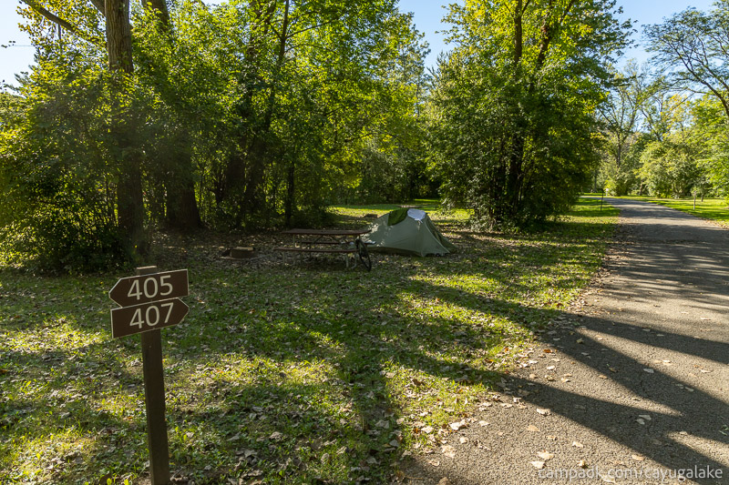 Campsite Photo of Site 407 at Cayuga Lake State Park, New York - Looking at Site from Road Sign Visible