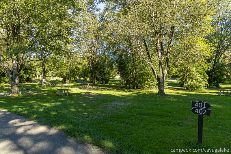 Campsite Photo of Site 402 at Cayuga Lake State Park, New York - Looking at Site from Road Sign Visible