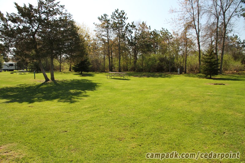 Campsite Photo of Site 174 at Cedar Point State Park, New York - Looking at Site from Road Sign Visible