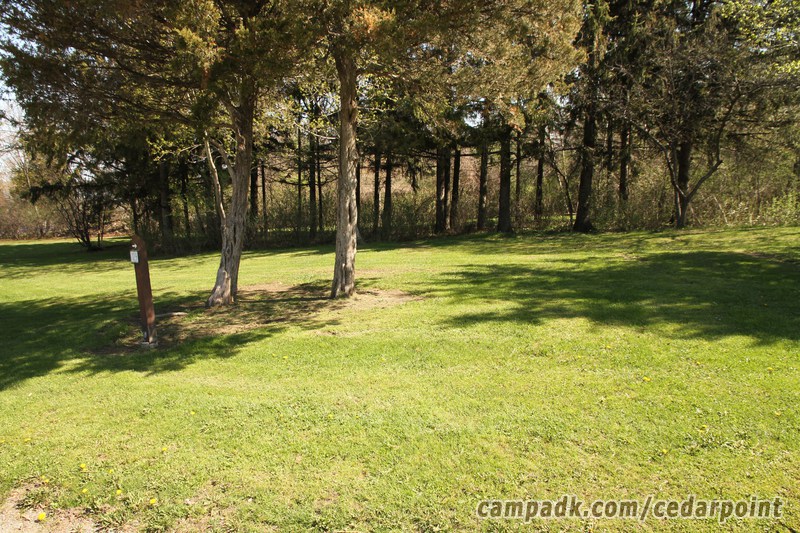 Campsite Photo of Site 129 at Cedar Point State Park, New York - Looking at Site from Road Sign Visible