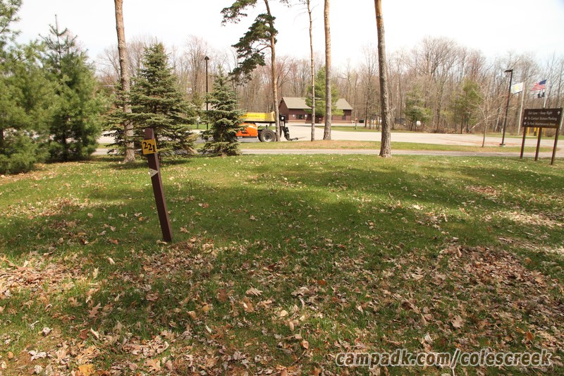 Campsite Photo of Site 221 at Coles Creek State Park, New York - Looking at Site from Road Sign Visible