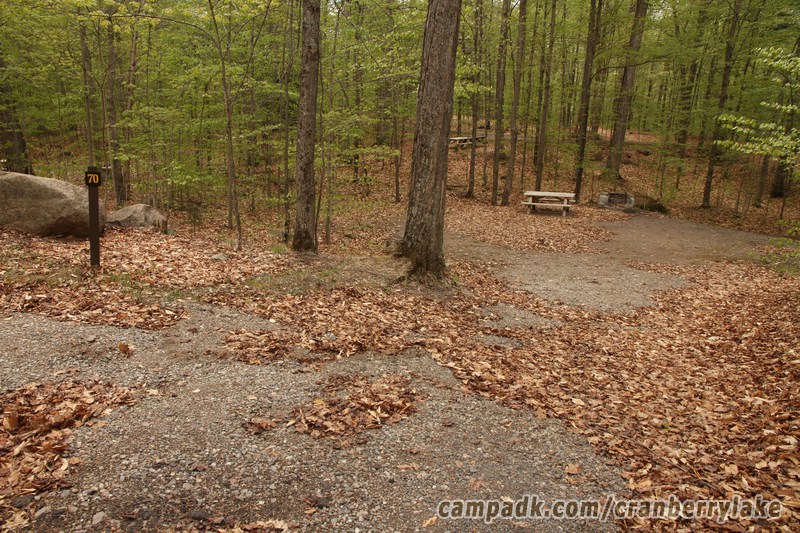 Campsite Photo of Site 70 at Cranberry Lake Campground, New York - Looking at Site from Road Sign Visible