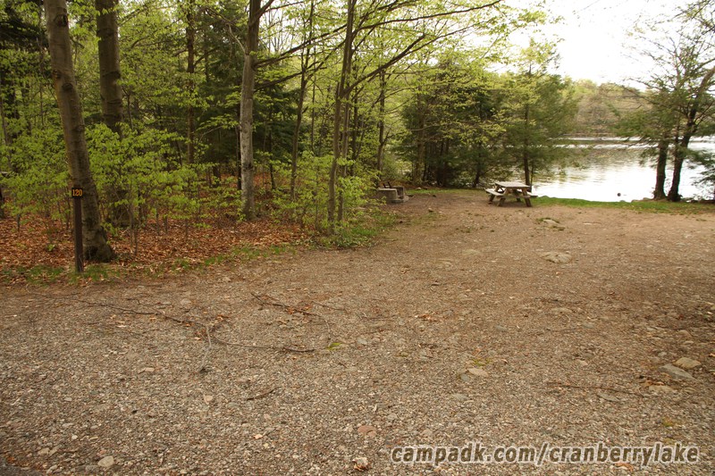 Campsite Photo of Site 120 at Cranberry Lake Campground, New York - Looking at Site from Road Sign Visible