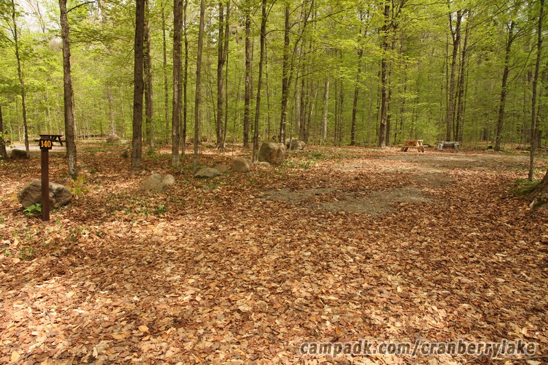 Campsite Photo of Site 140 at Cranberry Lake Campground, New York - Looking at Site from Road Sign Visible