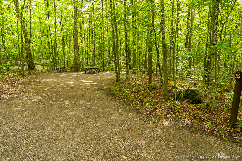 Campsite Photo of Site 155 at Cranberry Lake Campground, New York - Looking at Site from Road Sign Visible