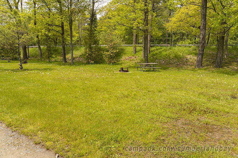 Campsite Photo of Site 138 at Cumberland Bay State Park, New York - Looking at Site from Road Sign Visible