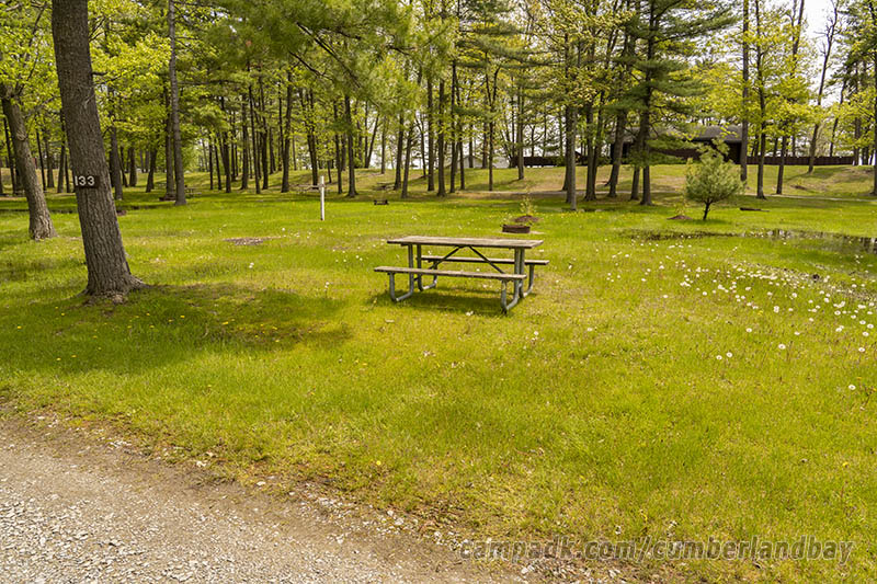 Campsite Photo of Site 133 at Cumberland Bay State Park, New York - Looking at Site from Road Sign Visible