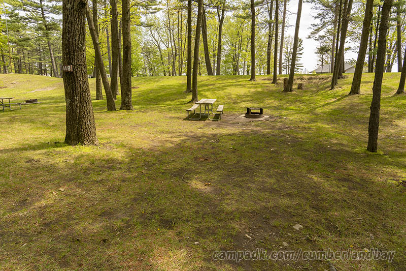 Campsite Photo of Site 118 at Cumberland Bay State Park, New York - Looking at Site from Road Sign Visible