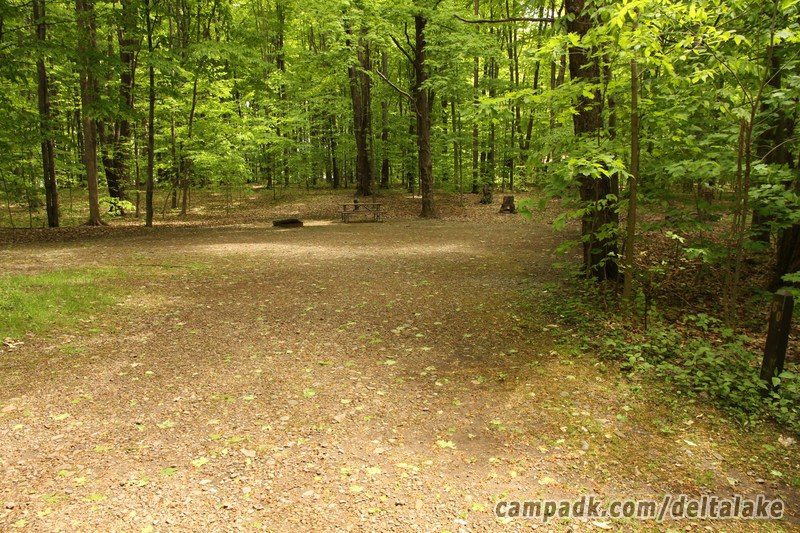Campsite Photo of Site 60 at Delta Lake State Park, New York - Looking at Site from Road Sign Visible