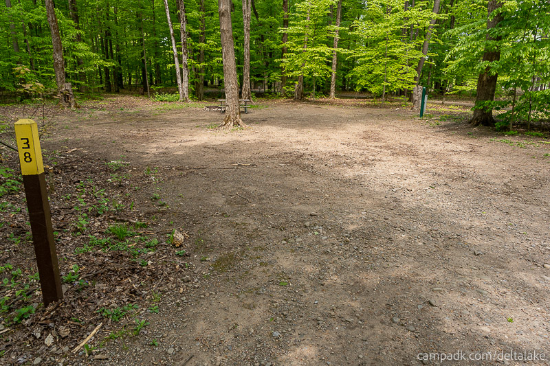 Campsite Photo of Site 38 at Delta Lake State Park, New York - Looking at Site from Road Sign Visible