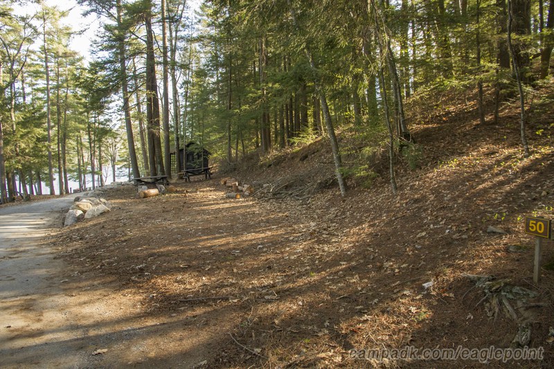 Campsite Photo of Site 50 at Eagle Point Campground, New York - Looking at Site from Road Sign Visible
