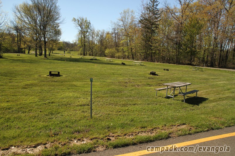 Campsite Photo of Site 73 at Evangola State Park, New York - Looking at Site from Road Sign Visible