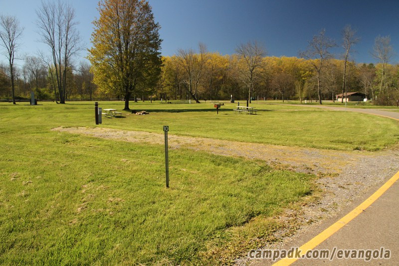 Campsite Photo of Site 10 at Evangola State Park, New York - Looking at Site from Road Sign Visible
