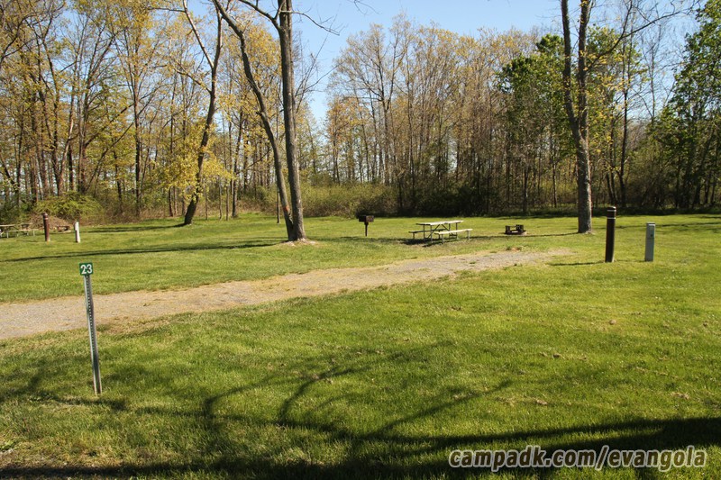 Campsite Photo of Site 23 at Evangola State Park, New York - Looking at Site from Road Sign Visible
