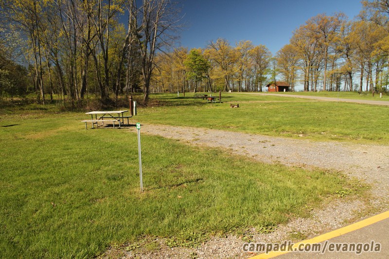 Campsite Photo of Site 28 at Evangola State Park, New York - Looking at Site from Road Sign Visible