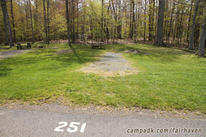 Campsite Photo of Site 251 at Fair Haven Beach State Park, New York - Looking at Site from Road Sign Visible
