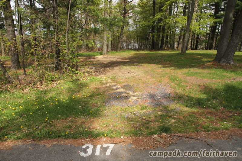 Campsite Photo of Site 317 at Fair Haven Beach State Park, New York - Looking at Site from Road Sign Visible