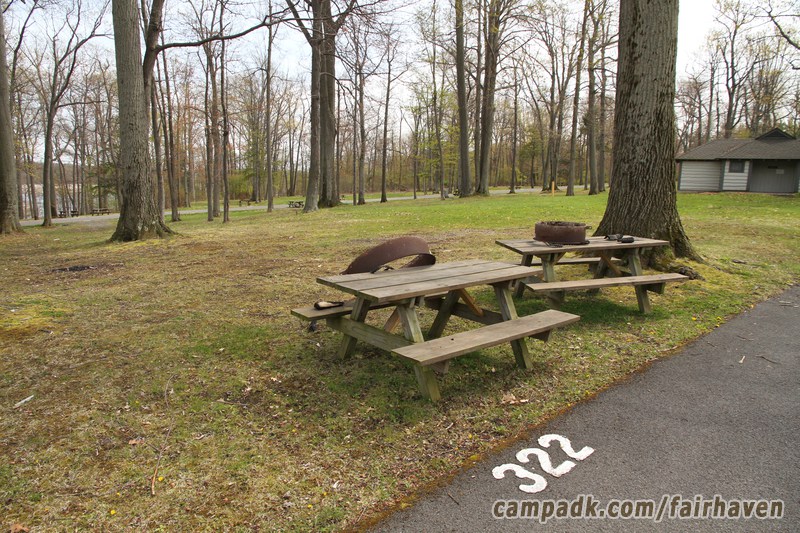 Campsite Photo of Site 322 at Fair Haven Beach State Park, New York - Looking at Site from Road Sign Visible