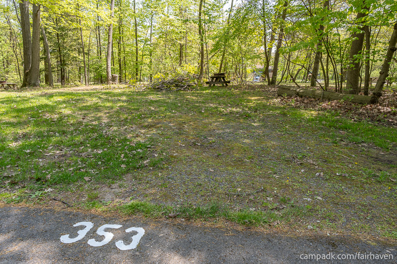 Campsite Photo of Site 353 at Fair Haven Beach State Park, New York - Looking at Site from Road Sign Visible