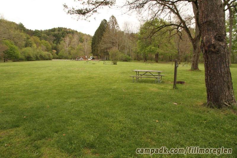 Campsite Photo of Site 45 at Fillmore Glen State Park, New York - Looking at Site from Road Sign Visible