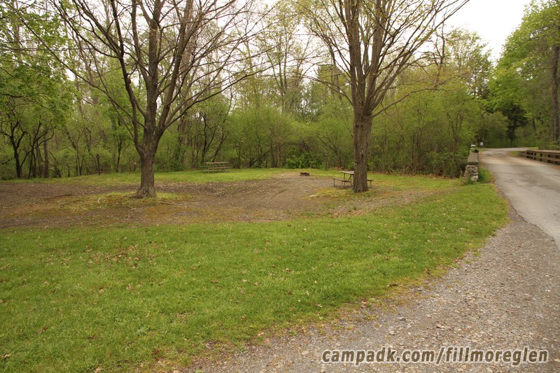 Campsite Photo of Site 25 at Fillmore Glen State Park, New York - Looking at Site from Road Sign Visible