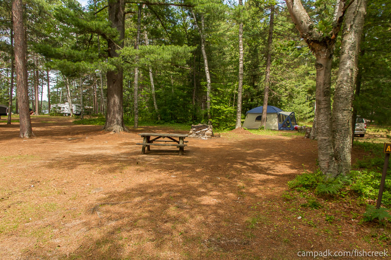 Campsite Photo of Site 86 at Fish Creek Pond Campground, New York - Looking at Site from Road Sign Visible