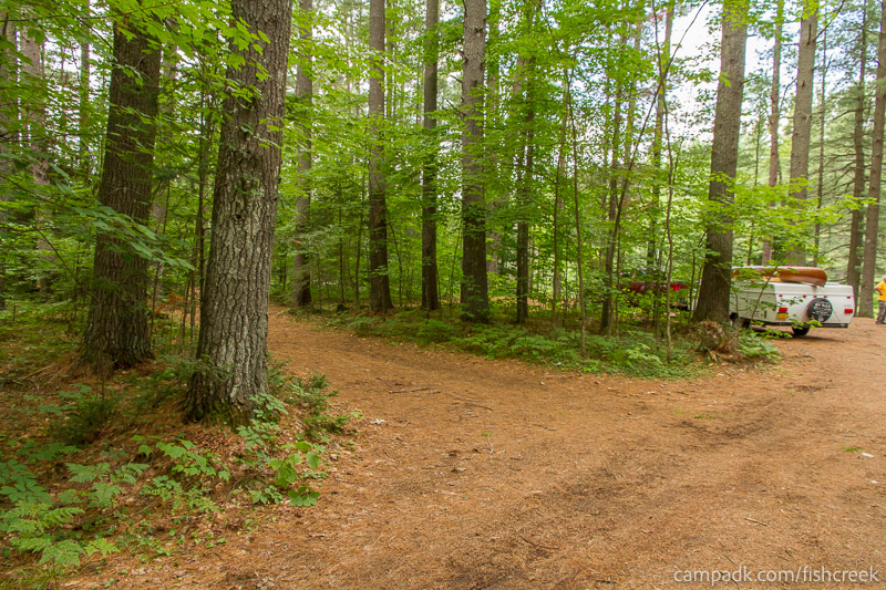 Campsite Photo of Site 21 at Fish Creek Pond Campground, New York - Looking at Site from Road Sign Visible